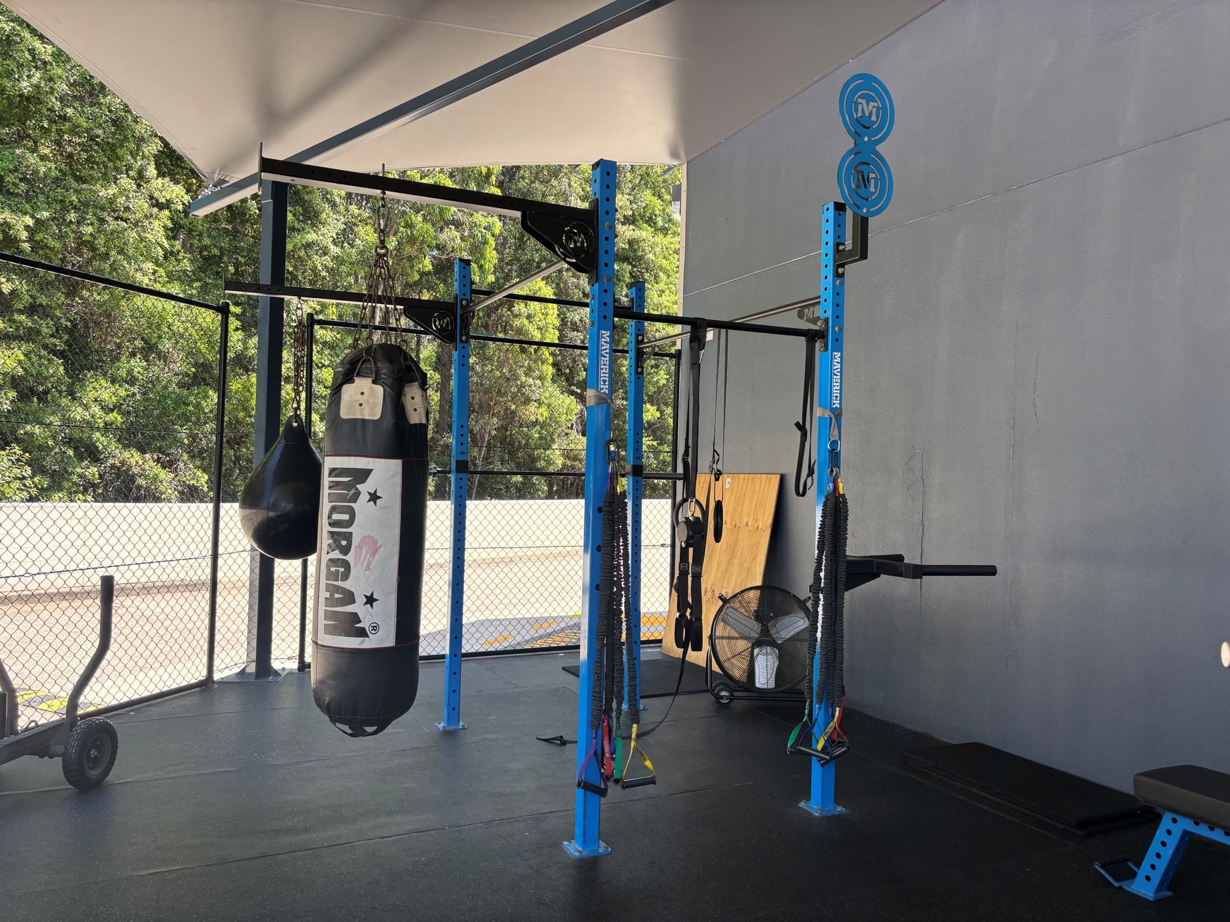 Outdoor training zone with sled track, CrossFit rig, Concept 2 bike / ski erg, dumbbells, kettlebells etc